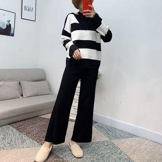 Set: Mock Two-piece Striped Sweater + Wide-leg Knit Pants
