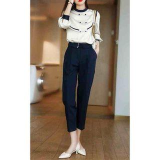 Set: Contrast Trim Double-breasted Blouse + Cropped Dress Pants