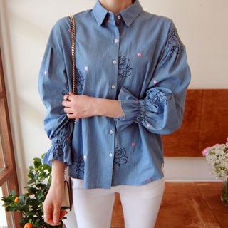 Smocked-cuff Floral Print Blouse