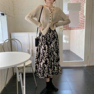 Flower Print Midi A-line Skirt / Asymmetrical Cardigan