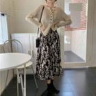 Flower Print Midi A-line Skirt / Asymmetrical Cardigan