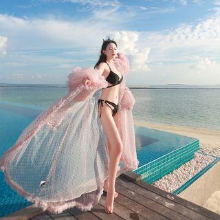 Long-sleeve Sheer Maxi Sun Dress Pink - One Size