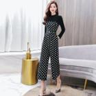 Dotted Long-sleeve Wide-leg Cropped Jumpsuit