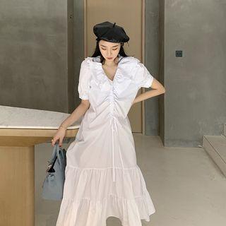Puff-sleeve Ruffled Drawstring Midi Dress