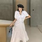 Puff-sleeve Ruffled Drawstring Midi Dress