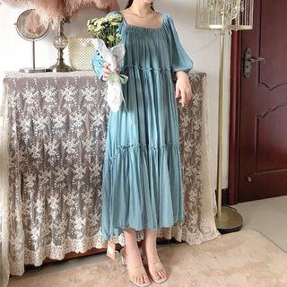 Elbow-sleeve Chiffon A-line Midi Dress Bluish Green - One Size