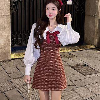 Long-sleeve Bow Tweed Mini Sheath Dress