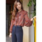 Tie-neck Ruffle-trim Checked Blouse