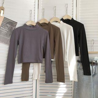 Plain Semi High Neck Cropped Long Sleeve T-shirt