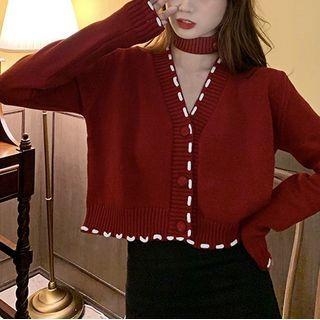 V-neck Knit Top With Choker - Red - One Size