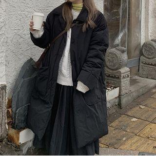 Long Padded Button Coat Black - One Size