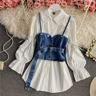 Set: Long Sleeve Crinkled Shirt / Denim Vest White - One Size