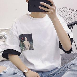 Printed Contrast Trim Elbow Sleeve T-shirt