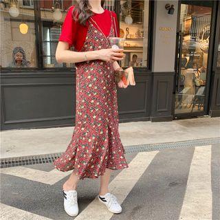 Short Sleeve Plain T-shirt / Spaghetti-strap Floral Print Dress