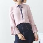 Bell-sleeve Bow Accordion Pleat Long-sleeved Crewneck Plain Open-front Blouse