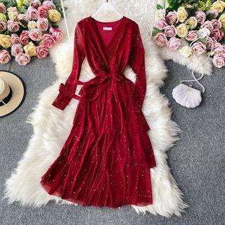 V-neck Plain Tie-waist Dress