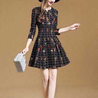Dotted Flower Print 3/4-sleeve A-line Dress