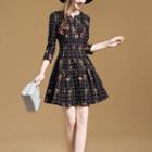 Dotted Flower Print 3/4-sleeve A-line Dress