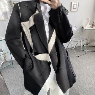 Two Tone Frayed Button-up Coat