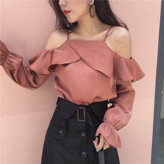 Ruffle Open Shoulder Long-sleeve Blouse