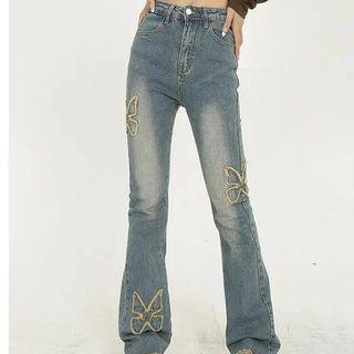 Butterfly Embroidered Bootcut Jeans / Belt / Set