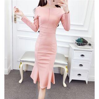 Gathered-waist Long-sleeved Slim Long Mermaid Dress