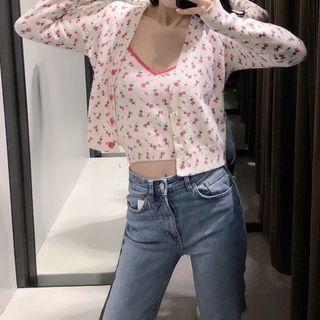 Flower Print Cardigan / Knit Camisole Top