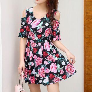 Short-sleeve Cold-shoulder Floral Print Swimdress