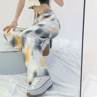 Tie-dye Slit-hem Straight Leg Jeans