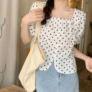 Short-sleeve Square Neck Dotted Blouse Black Dots - White - One Size