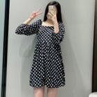 3/4-sleeve Square-neck Dotted Mini A-line Dress
