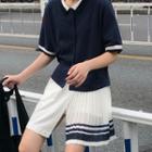 Elbow-sleeve Contrast Trim Shirt / Asymmetric Pleated Skorts
