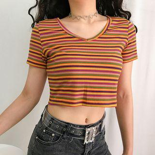Short-sleeve Striped Crop Top Red - One Size