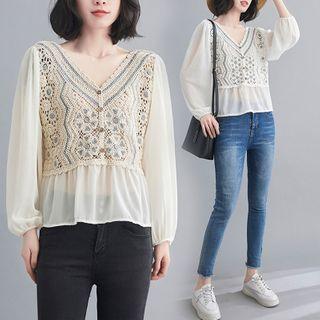 Long-sleeve Crochet Panel V-neck Blouse