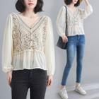 Long-sleeve Crochet Panel V-neck Blouse