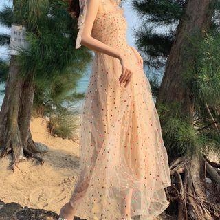 Tie-shoulder Doted Midi A-line Mesh Dress