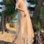 Tie-shoulder Doted Midi A-line Mesh Dress