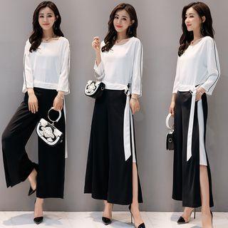 Set: Belted Chiffon Top + Slit-side Wide-leg Pants