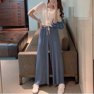 Short-sleeve Drawstring Top / Straight-cut Dress Pants