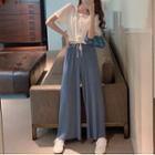 Short-sleeve Drawstring Top / Straight-cut Dress Pants