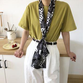 Printed Silk Narrow Scarf Black - 150x15cm - J407