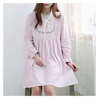 Beribboned Floral-embroidered Empire Dress