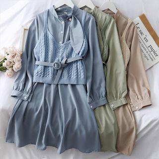 Set: Knit Vest + A-line Dress With Belt