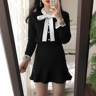 Bow Accent Cardigan / Ruffle Hem A-line Skirt