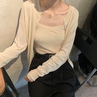Set: Wide Strap Camisole Knit Top + Light Cardigan