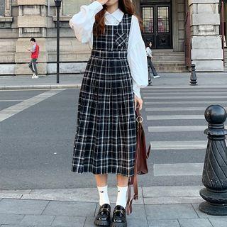 Long-sleeve Blouse / Plaid Midi A-line Overall Dress