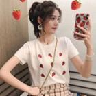 Strawberry Embroidered Short-sleeve Knit Top