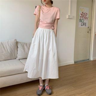 Short-sleeve Shirred T-shirt / Midi A-line Skirt