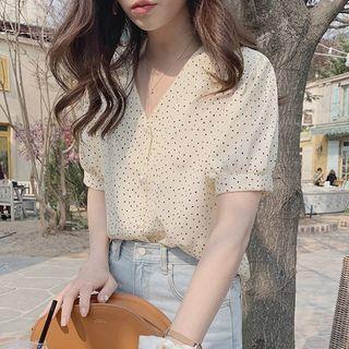 Short-sleeve Dotted Buttoned V-neck Blouse