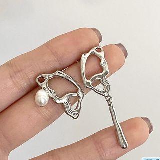 Butterfly Faux Pearl Asymmetrical Alloy Earring Stud Earring - 1 Pair - S925 Stud - Silver - One Size